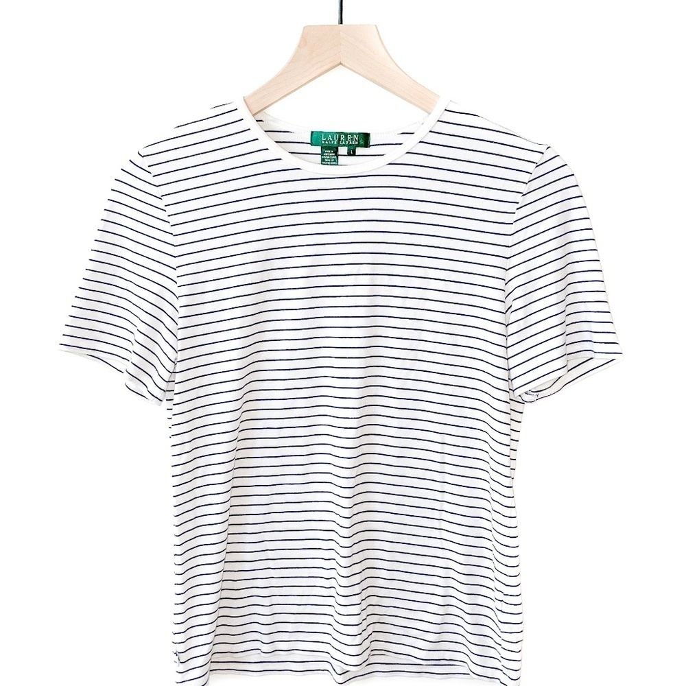 Lauren Ralph Lauren White Striped Scoop Neck T-Shirt Equestrian Academia Large